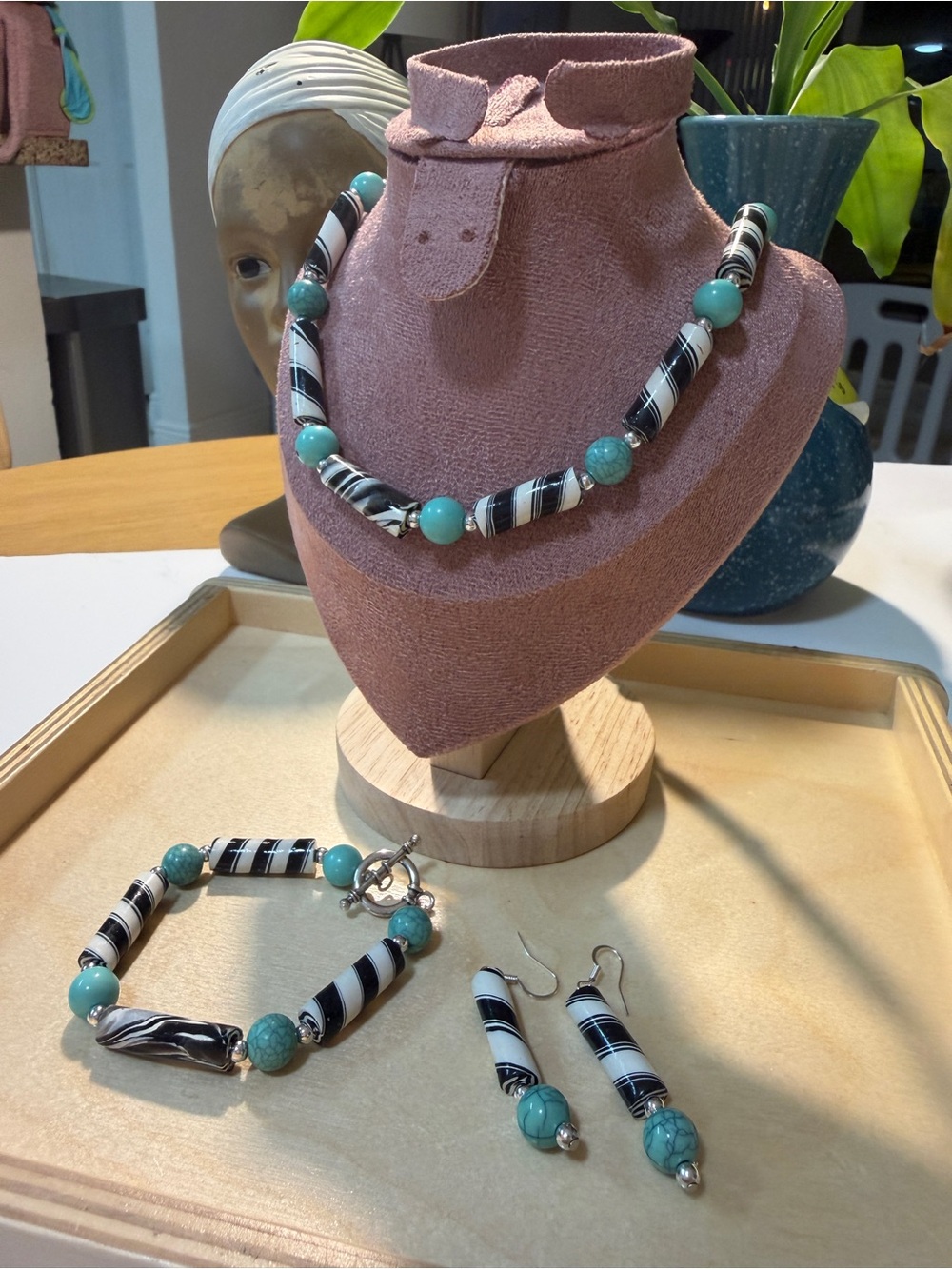 Handmade Turquoise and Black Striped Bead Necklace, Bracelet & Earring Set